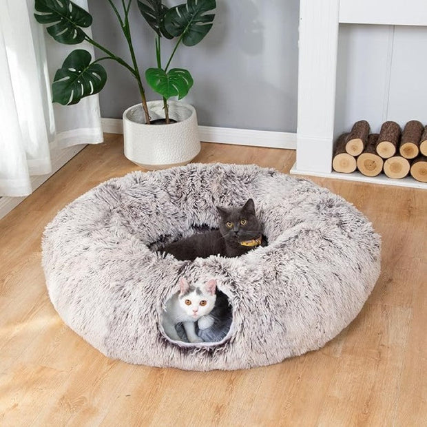 Round Plush Pet Bed With Tunnel Hideout