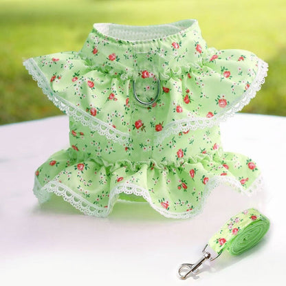 Floral Dog Dress With Lace Trim And Lead Set