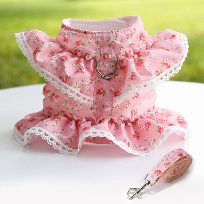 Floral Dog Dress With Lace Trim And Lead Set