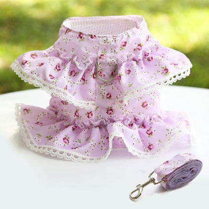 Floral Dog Dress With Lace Trim And Lead Set