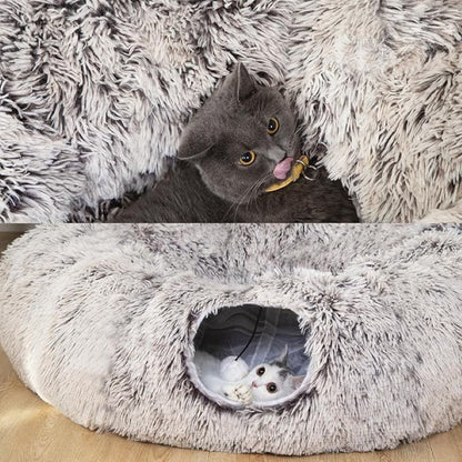 Round Plush Pet Bed With Tunnel Hideout