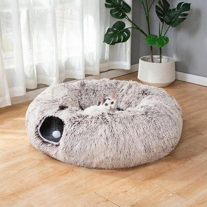 Round Plush Pet Bed With Tunnel Hideout