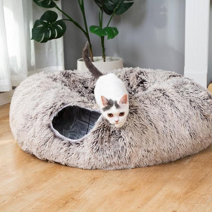 Round Plush Pet Bed With Tunnel Hideout