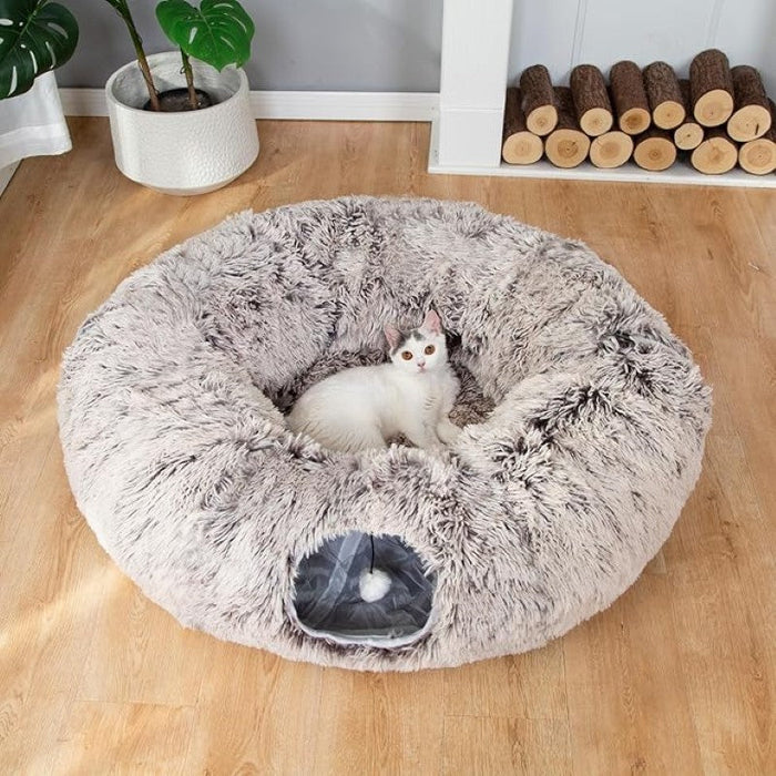 Round Plush Pet Bed With Tunnel Hideout