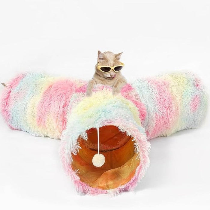 Round Plush Pet Bed With Tunnel Hideout